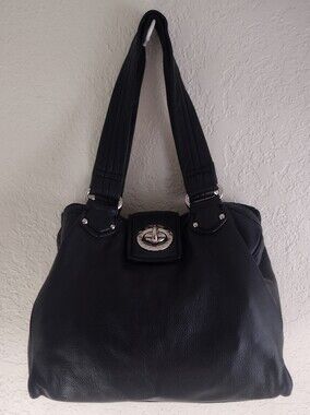 Marc Jacobs Black Leather Shoulder Bag with Large Turn lock & Silver Hardware